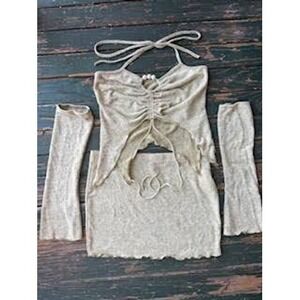 SHEIN 3 Piece Knit Set Halter Ruched Top Mini Skirt Arm Sleeves Oatmeal Large